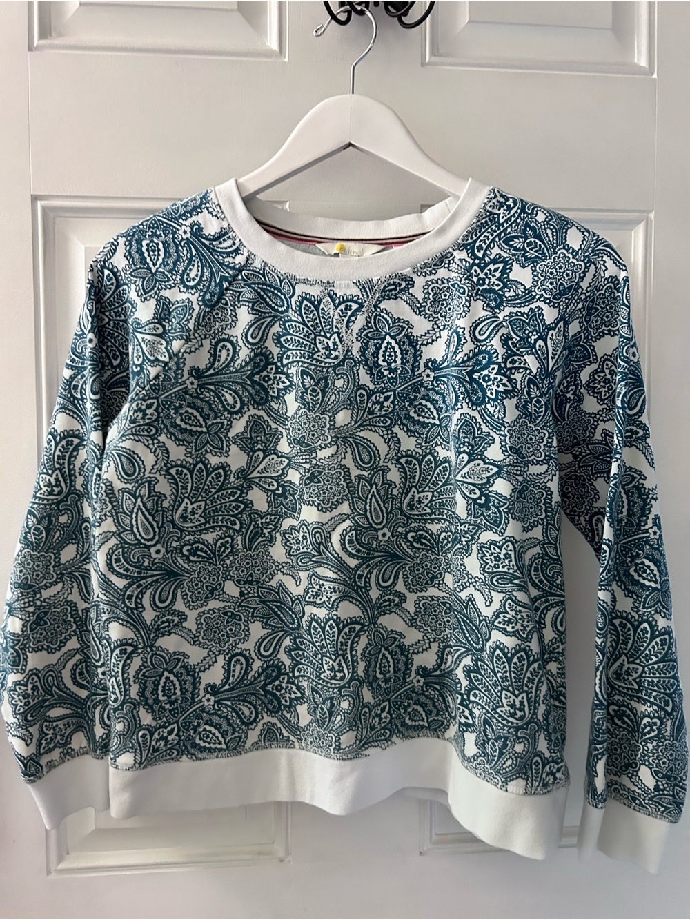 Boden White Crewneck Sweatshirt with Teal Paisley Print